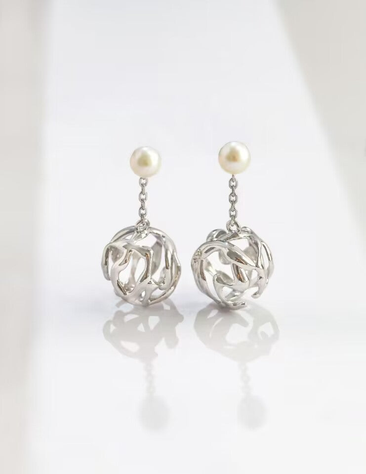 Pearl-Encapsulated Metal Sphere Earrings